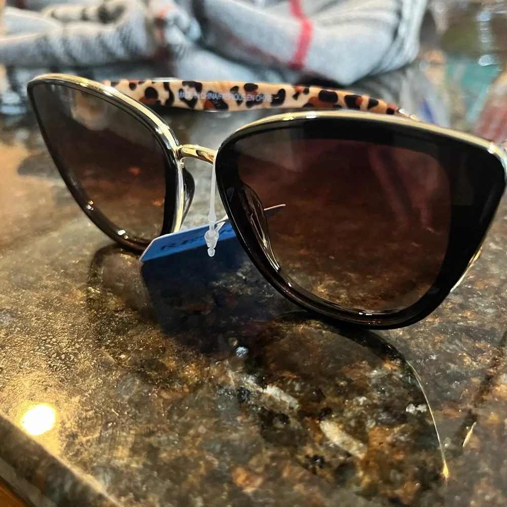 NWT Leopard Print gold sunglasses retro cat eye plastic wire w/ UV brown lenses